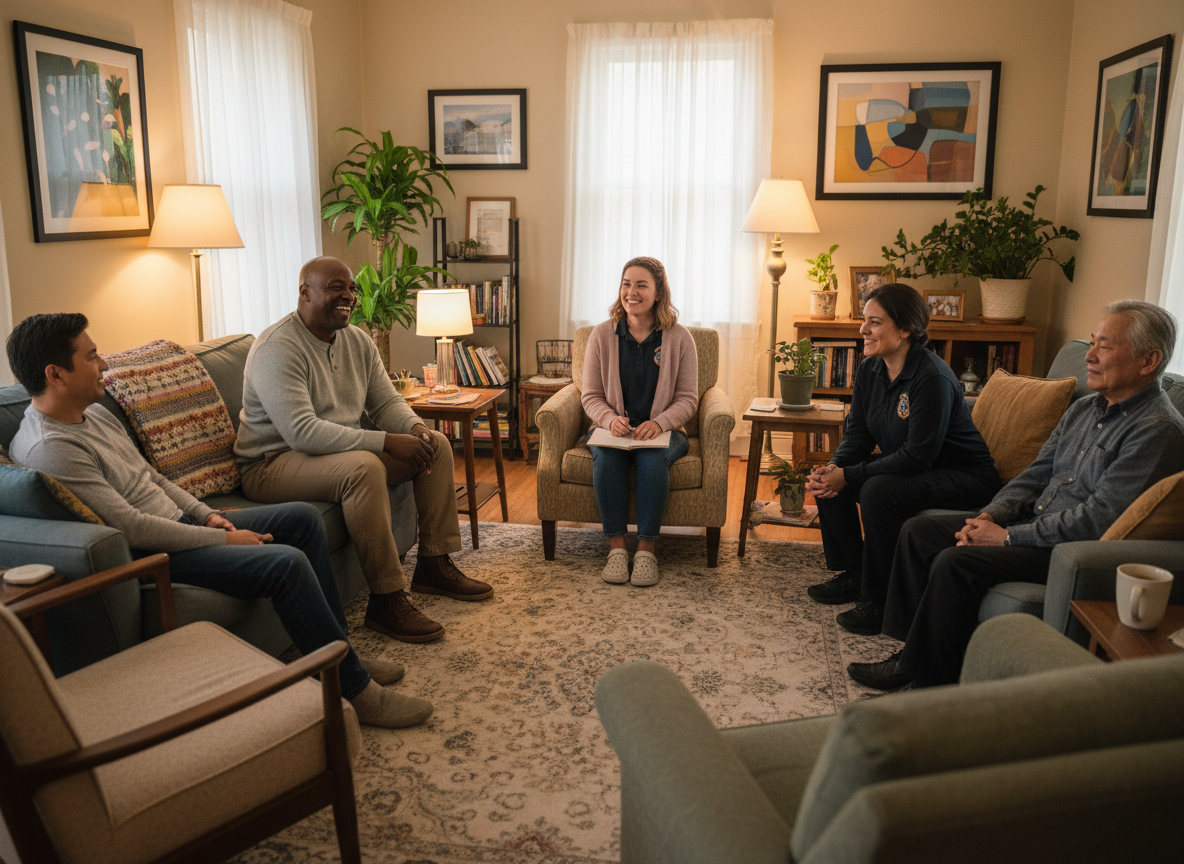 A cozy community living room in a mental health respite home, where a mixed group of veterans and first responders sit together on comfortable sofas and chairs. A middle-aged Black veteran gently laughs with a younger white woman paramedic, while an older Asian American veteran listens with a relaxed smile. A peer support facilitator, a Latina in her 30s, sits in the circle with a notebook, creating a sense of equality. Warm lamplight, houseplants, and simple art make the space feel like a real home, not a clinic, and the overall mood is calm, connected, and hopeful.