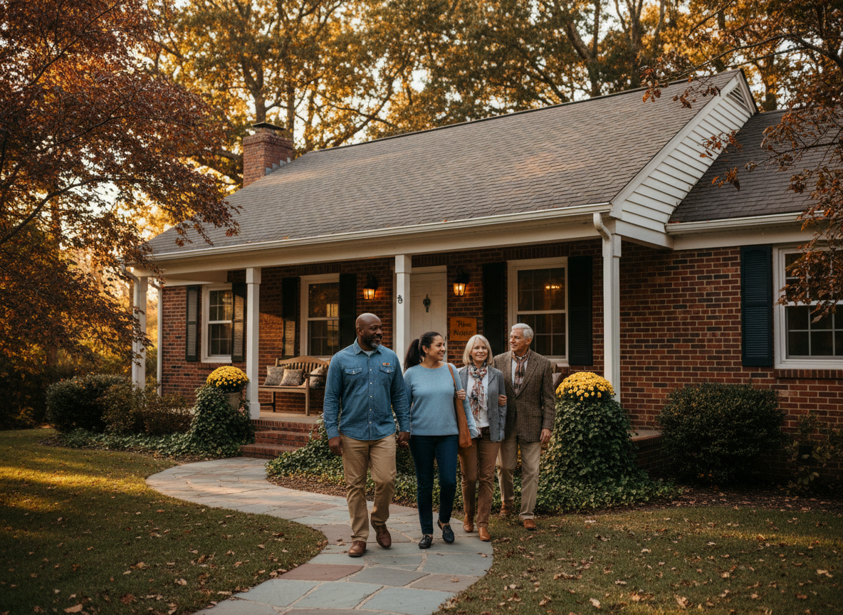 The exterior of a small, welcoming community house used for mental health respite for veterans and first responders, located in a quiet Suffolk County neighborhood. A diverse family group walks up the front path together: a middle-aged Black veteran, a Latina first responder, and an older white couple who could be parents. The house has a simple porch with a bench, potted plants, and a discreet sign reading "Time Choices Respite" near the door. Late afternoon light and fall foliage add warmth and calm. No ambulances, uniforms, or emergency imagery—just a safe, homelike place to arrive.